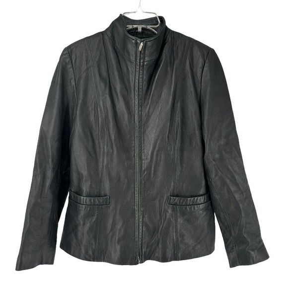 JLC New York Genuine Soft Leather Jacket Solid Black Womens Size M Full Zip Moto - Picture 1 of 11